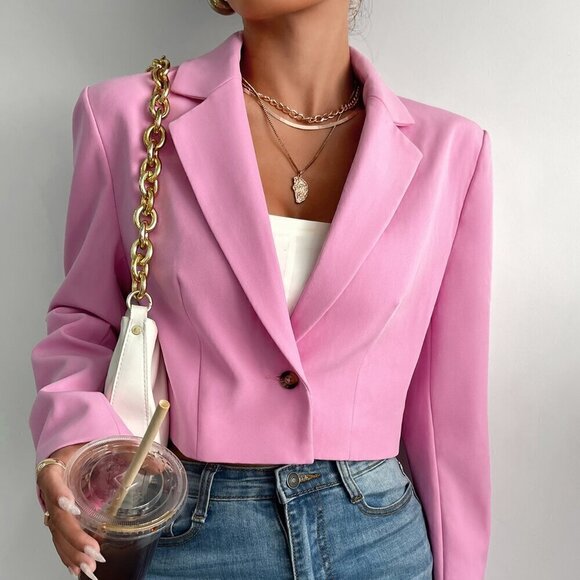 Baby Pink Elegant Women's Lapel Collar Single Button Blazer Workwear - Picture 6 of 7